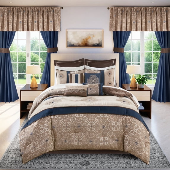 Regency Heights 24PCs Jacquard Comforter Set with Window Curtains, Moroccan-Inspired Bed in a Bag, King,2-Navy