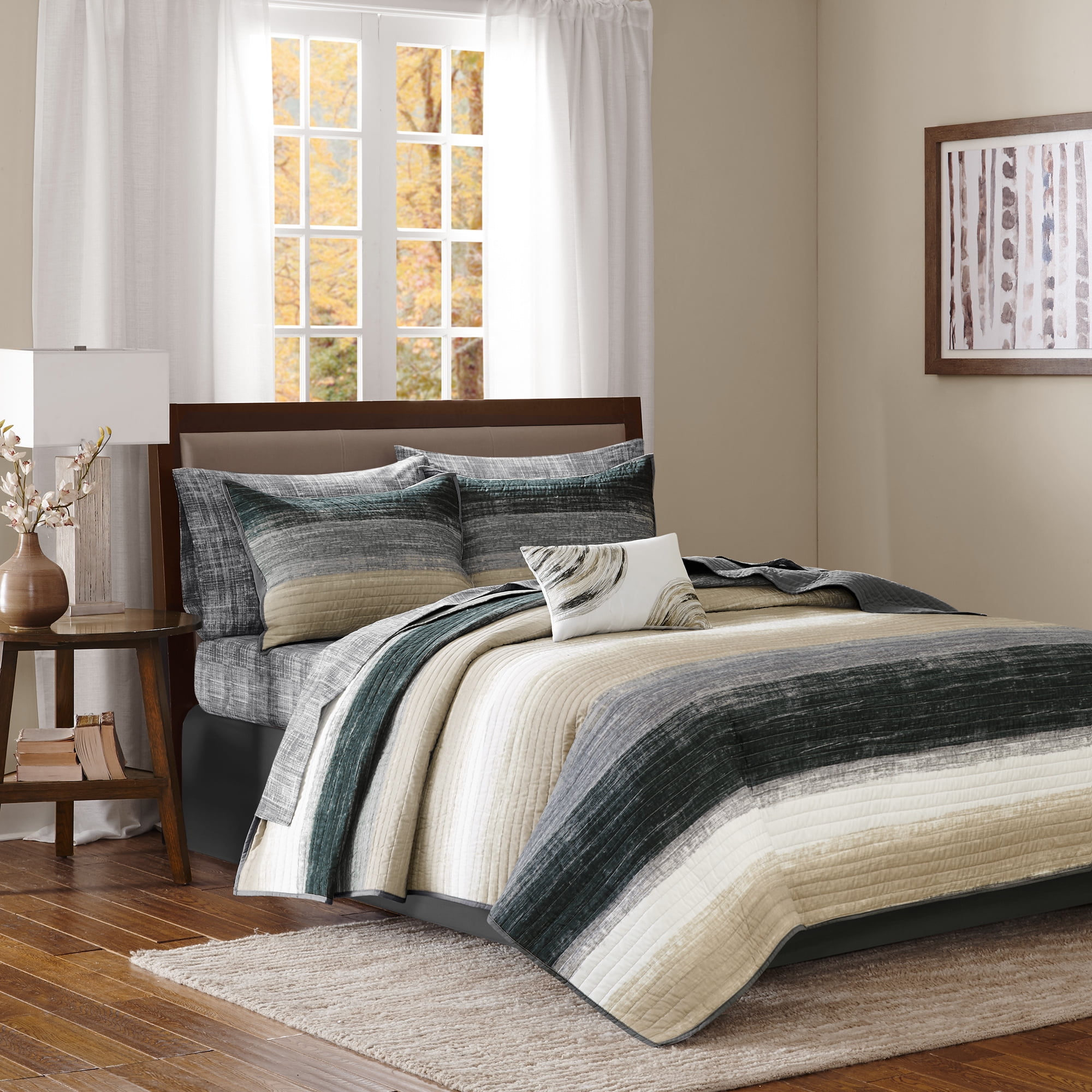 Taupe Full Microfiber Reversible Quilt and Sheet Set