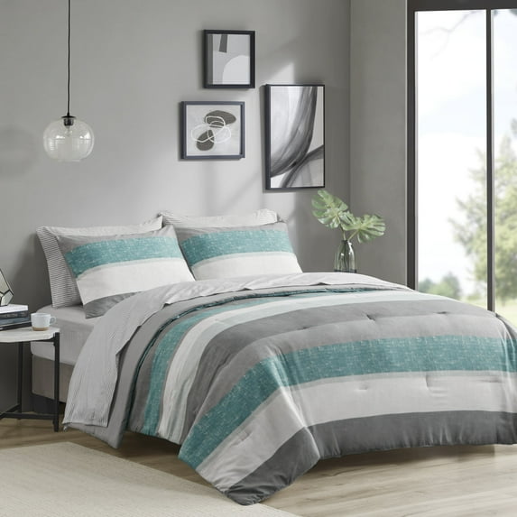 Madison Park Essentials Jaxon Twin Stripe Comforter Set with Bed Sheets in Aqua/Grey