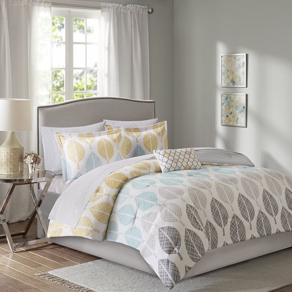 Madison Park Essentials King Central Park 9-Piece Comforter Set with Cotton Bed Sheets, Yellow/Aqua