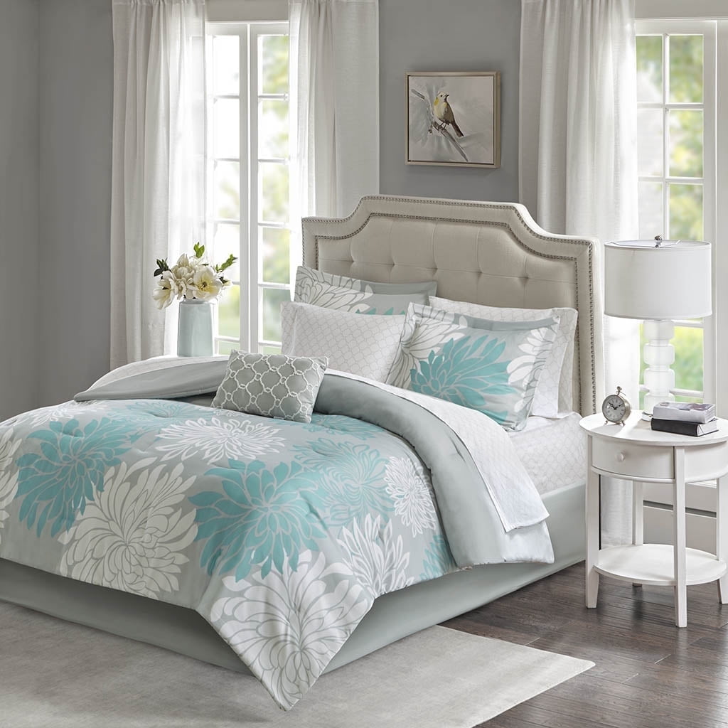 Madison Park Queen Size 9 Piece Comforter Set with Cotton Bed Sheets Aqua,Bed in a Bag,All Season Bed Set,Cozy and Light