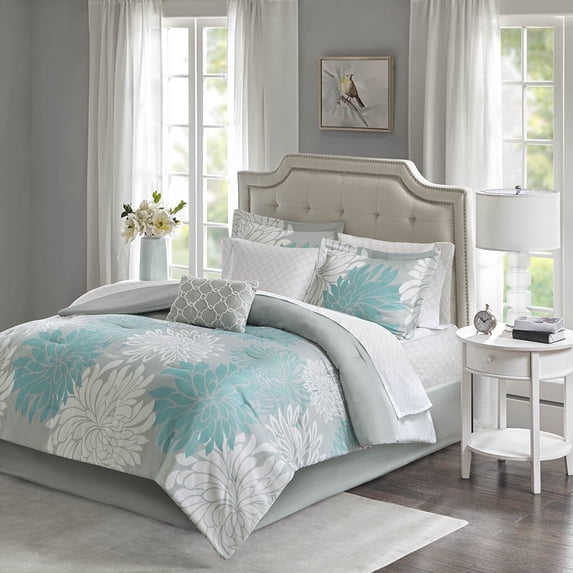 Madison Park Queen Size 9 Piece Comforter Set with Cotton Bed Sheets Aqua,Bed in a Bag,All Season Bed Set,Cozy and Lightweight
