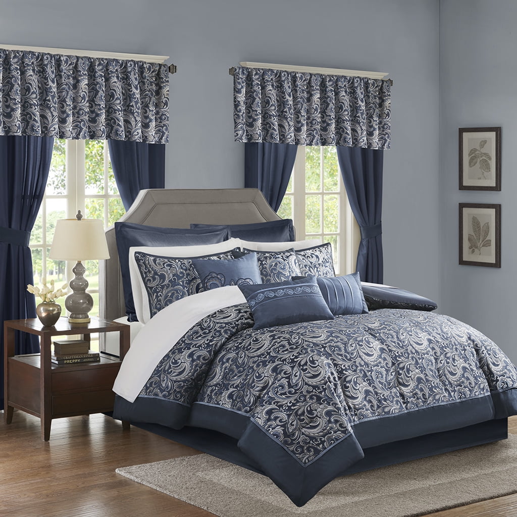 Navy Jacquard Paisley Queen 24-Piece Microfiber Bedding Set