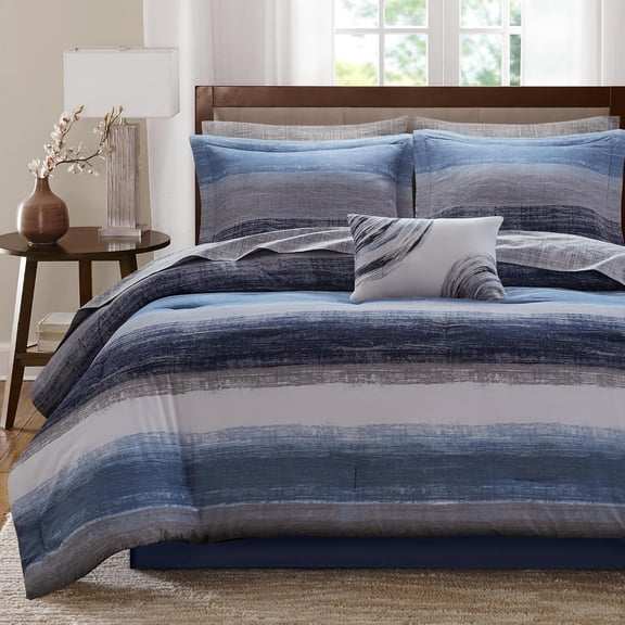 Madison Park Queen Size 9 Piece Comforter Set with Cotton Bed Sheets Navy,Bed in a Bag,All Season Bed Set,Cozy and Lightweight