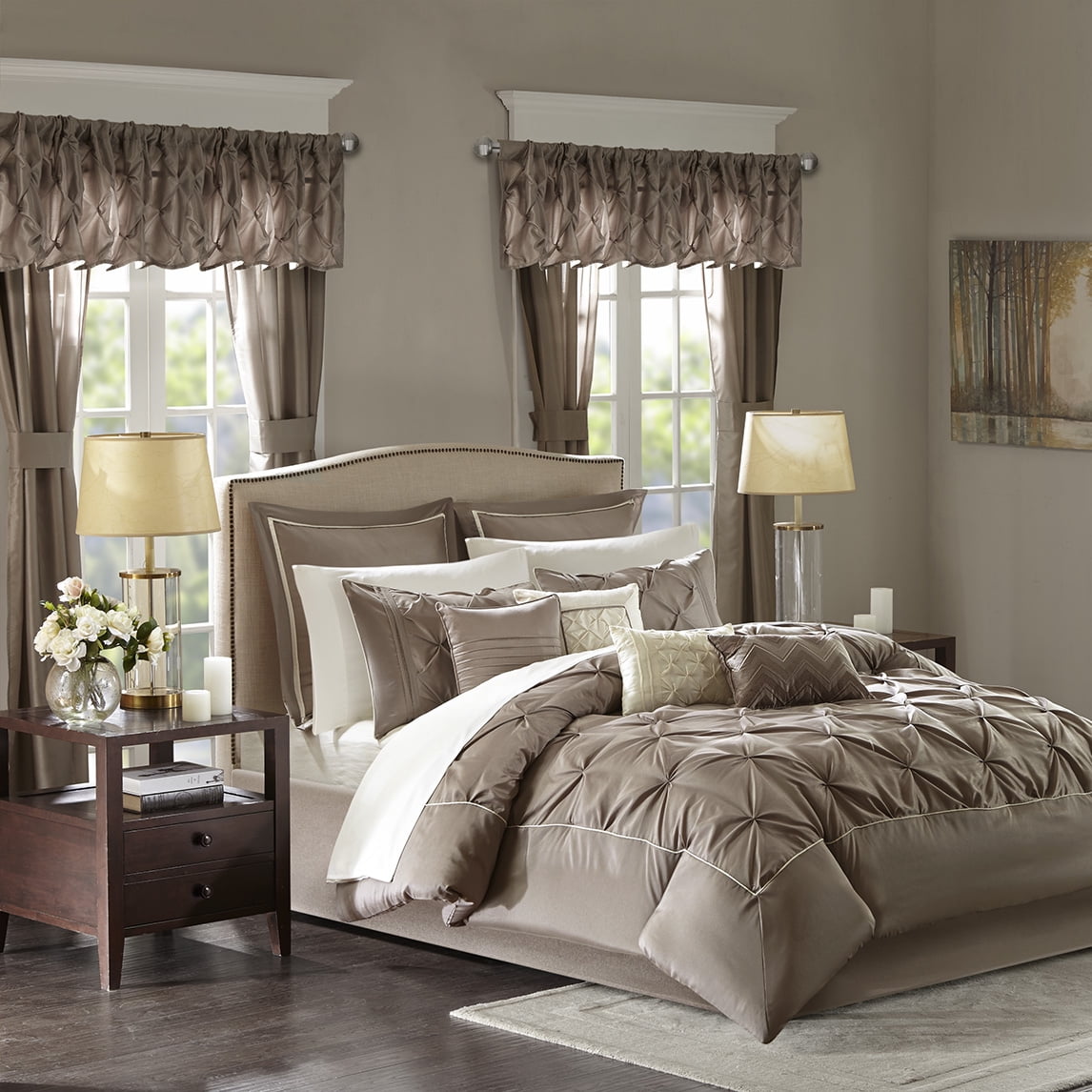 Taupe Queen Microfiber 24-Piece Bedding Set with Tufted Details