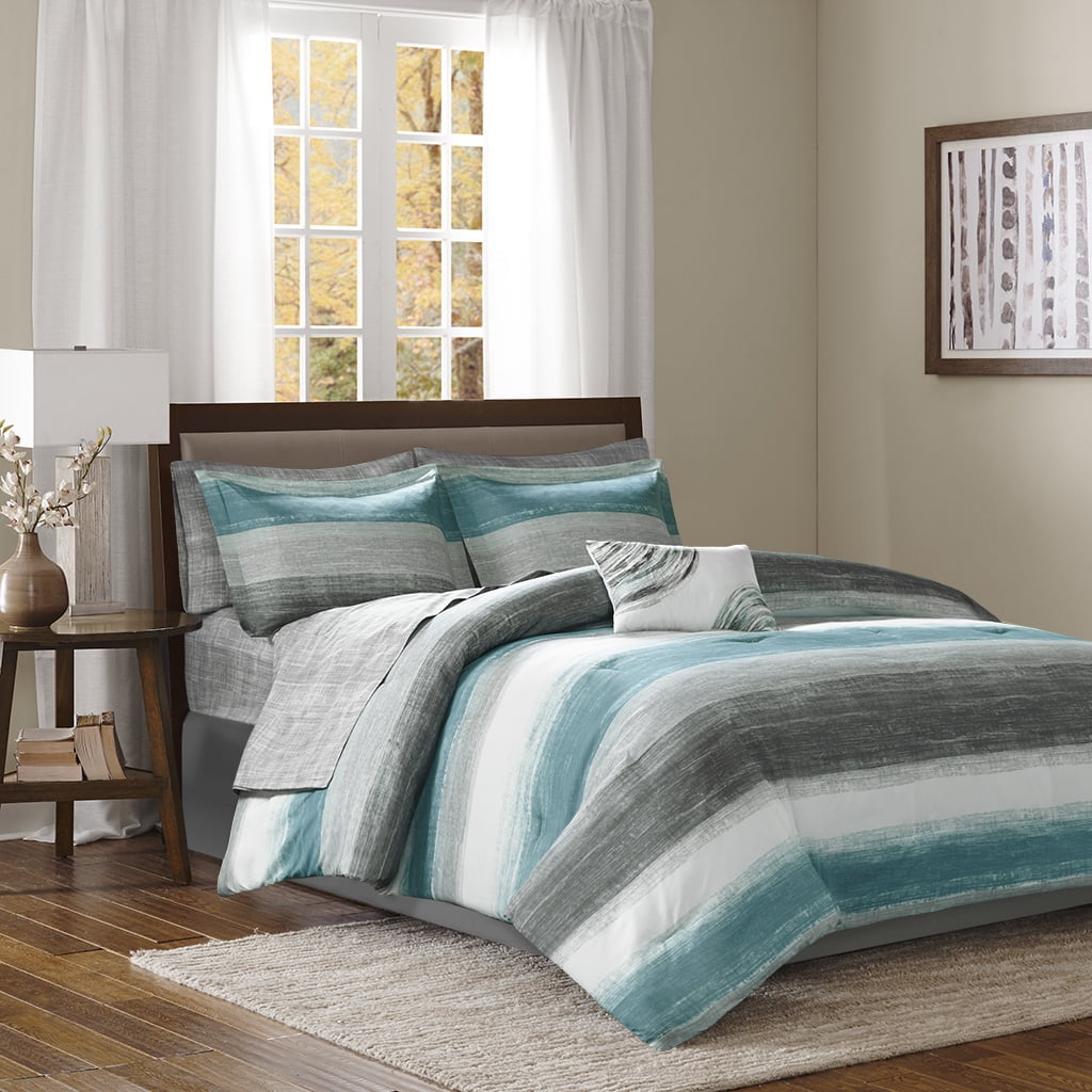 Aqua and Gray Twin Microfiber 7-Piece Reversible Bed Set