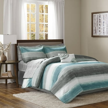 Madison Park Essentials Saben 7 Piece Comforter Set with Aqua Cotton Bed Sheets