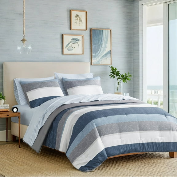 Madison Park 7 Piece Stripe Comforter Set, Twin Size Bed in a Bag Bedding Set for Dorm Room, Comforter Bed Set with Flat Sheet and Fitted Sheet, Blue Grey