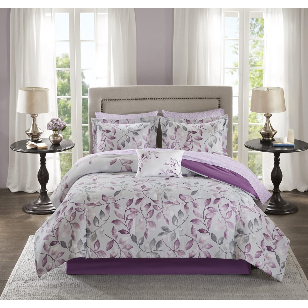 Twin Purple Cotton Floral Comforter Set with Bed Skirt