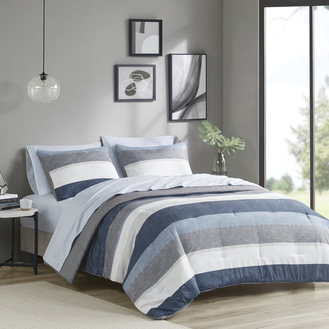 Madison Park Essentials Stripes Twin 5 Piece Comforter Set Floral Bed in a Bag Blue Grey