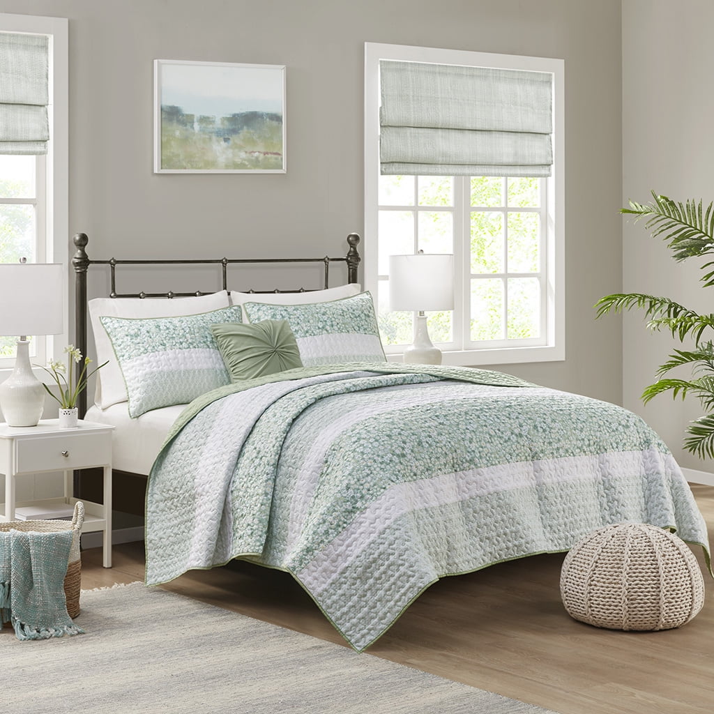 Green Seersucker Microfiber Full Quilt Set with Pillow