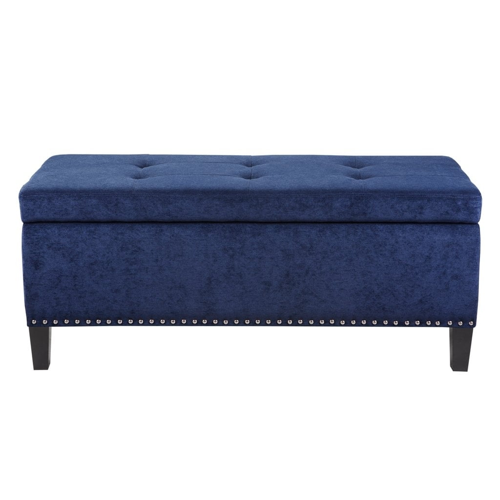 Blue Tufted Storage Bench with Espresso Wood Legs