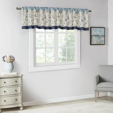 Madison Park Floral Embroidered 1-Piece 50x18 Rod Pocket Pleated Valance , Navy