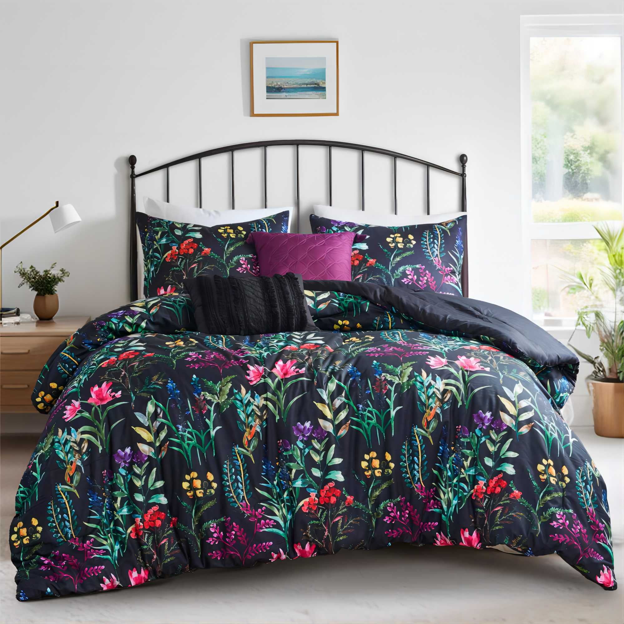 Full Black Microfiber Floral Comforter Set with Decorative Pillows