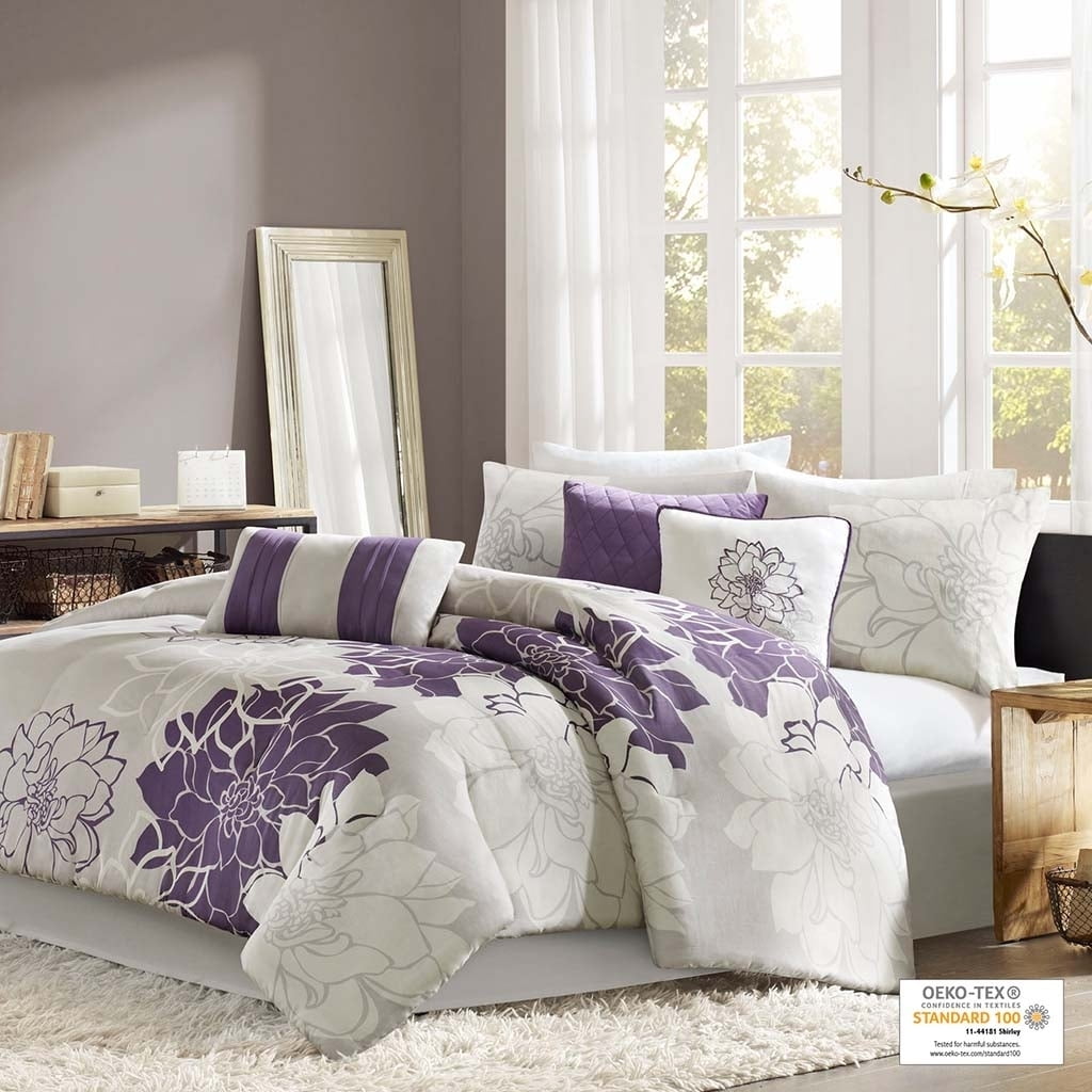 Twin Gray and Purple Floral Cotton Comforter Set