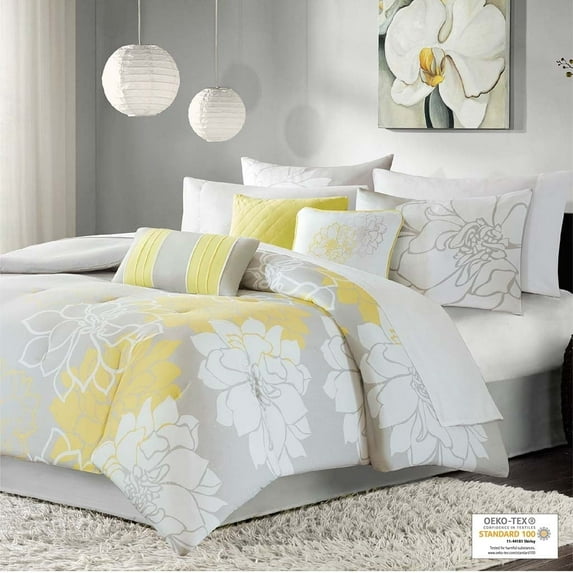 Madison Park 7-Piece Modern Floral Comforter Set with Decorative Pillows, Luxury Soft Bedding, Queen, Taupe Grey/Yellow