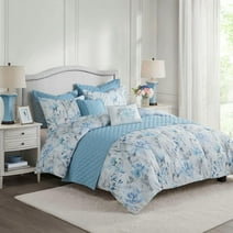 Madison Park Full/Queen Floral Seersucker 8-Piece Comforter and Quilt Set with Embroidered Decor Pillows, Blue