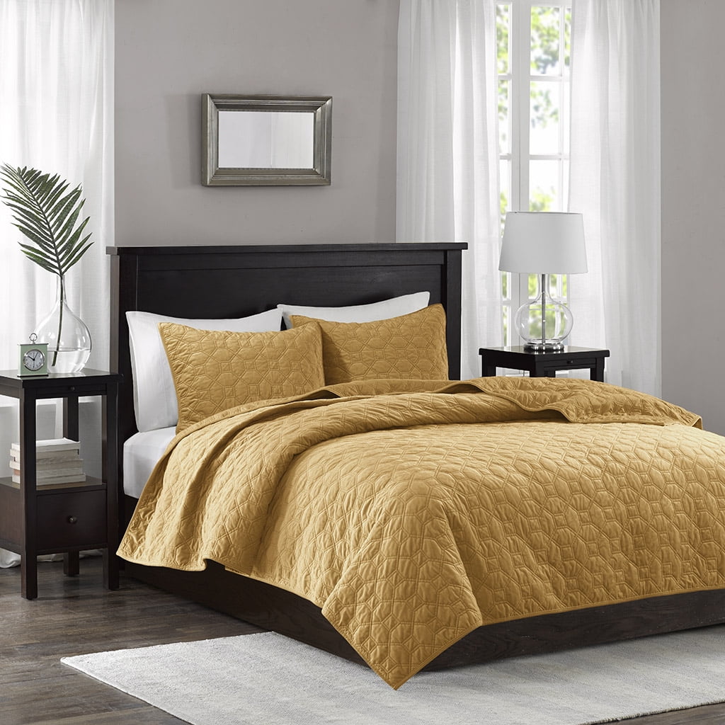 Mustard Velvet Full Reversible Quilt Set with Shams