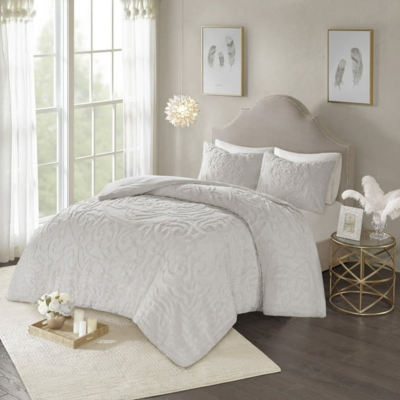 Madison Park Full/Queen Laetitia 3-Piece Tufted Cotton Chenille Medallion Comforter Set, Grey