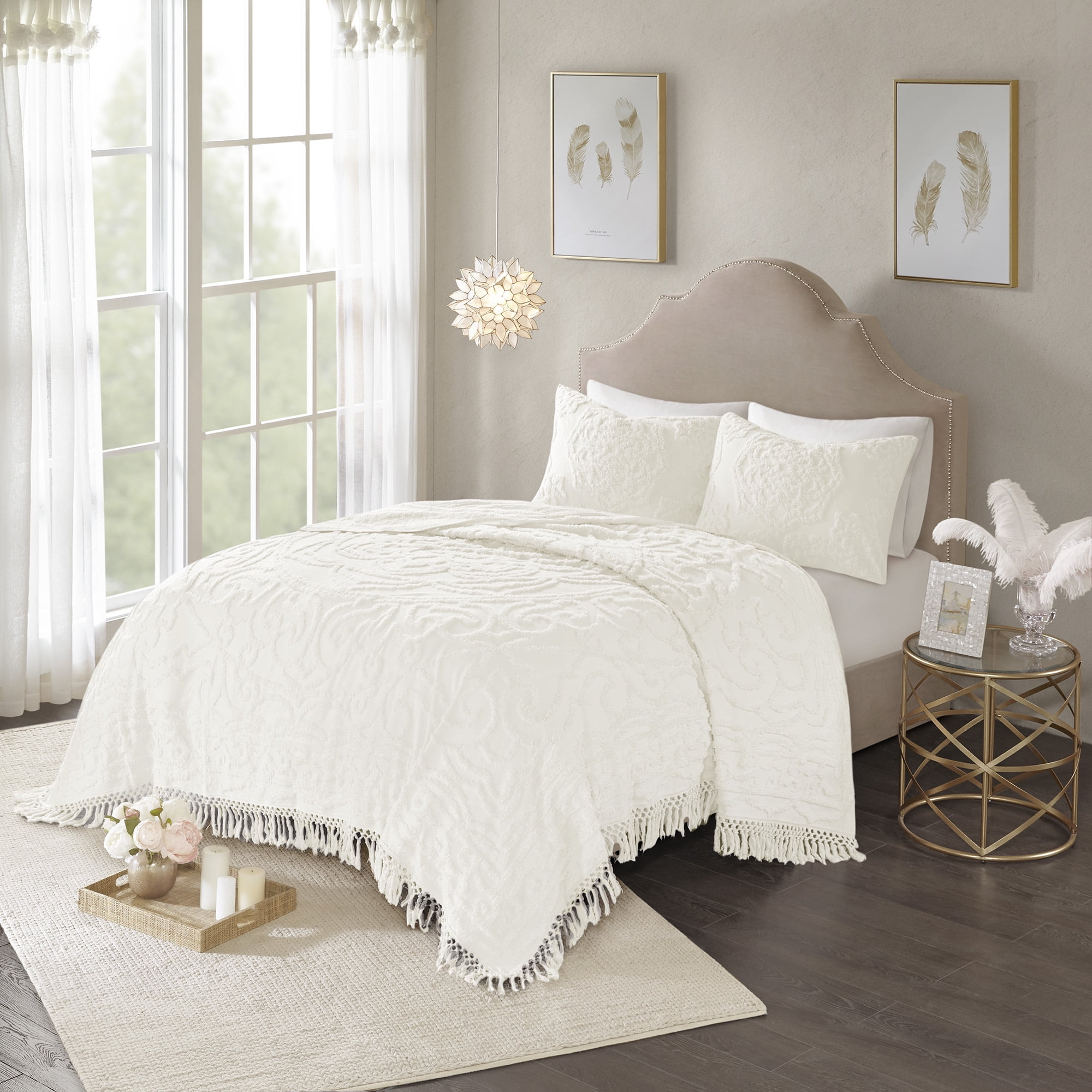 Full White Cotton Chenille Medallion Fringe Coverlet Set