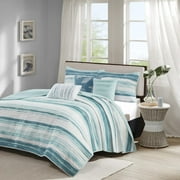 Madison Park Full/Queen Reversible Quilt Set 6-Piece Coastal Stripe Printed Coverlet Set with Embroidered Decor Pillows, Aqua