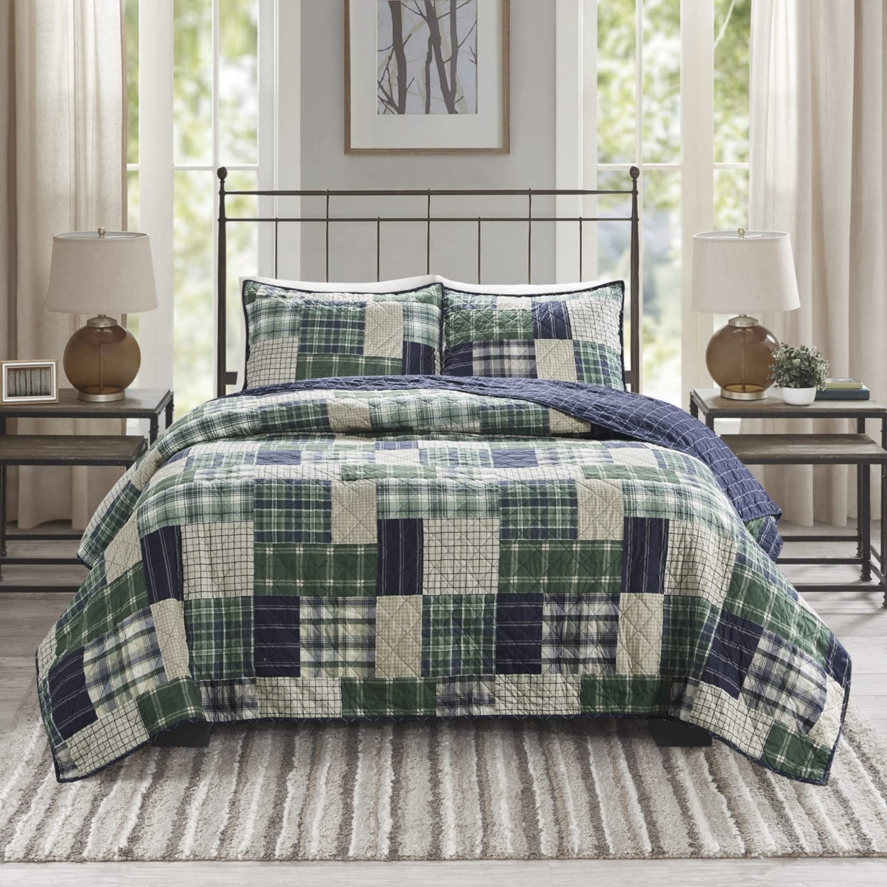 Green and Navy Reversible Microfiber Full Quilt Set