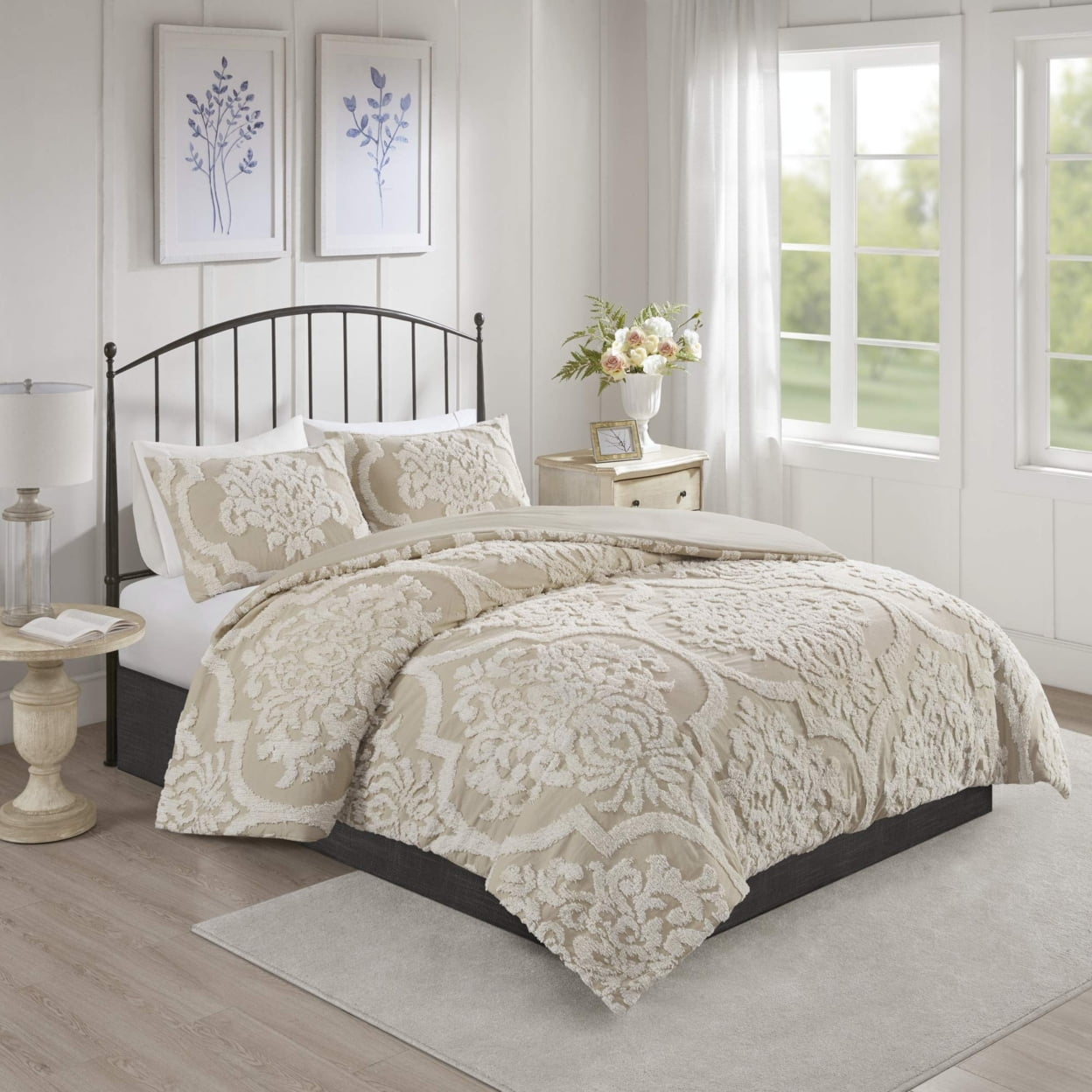 Taupe Full Tufted Cotton Chenille Damask Comforter Set