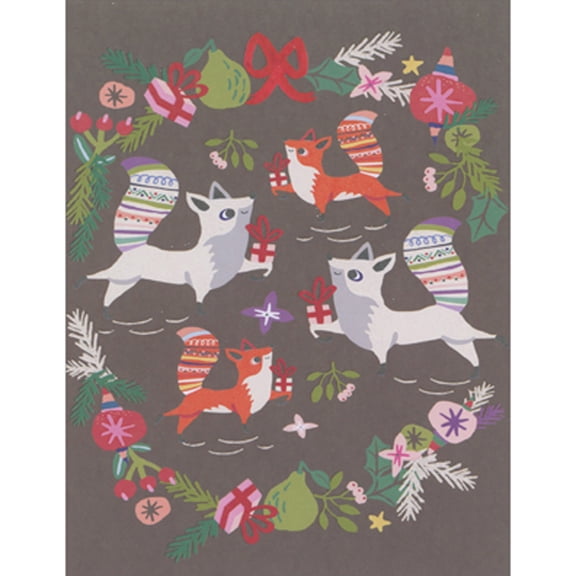 Madison Park Greetings Four Cute Foxes Inside Wreath on Earthtone Background Box of 10 Christmas Cards