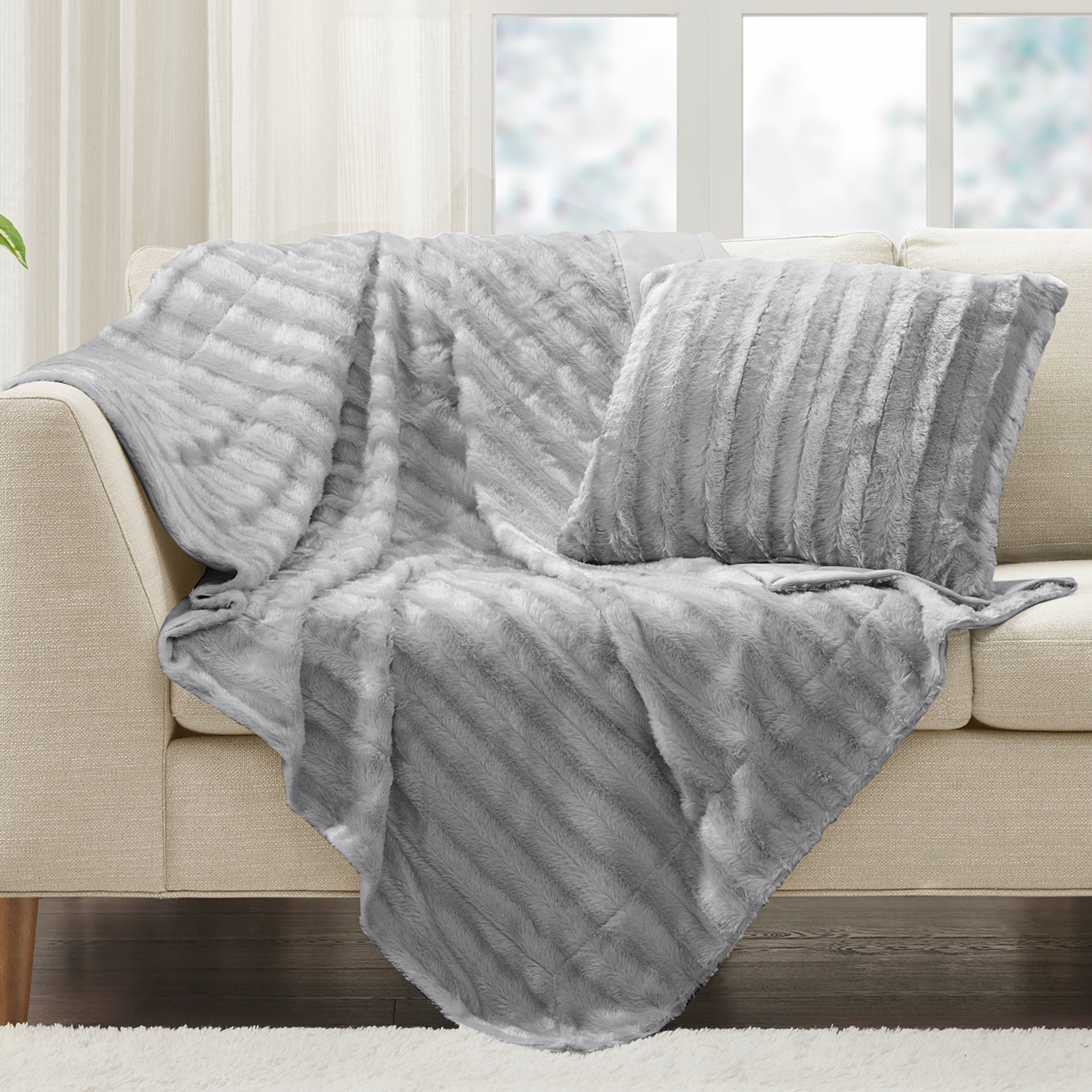 Duke Long Luxurious Faux Fur Reversible Throw Blanket, Gray