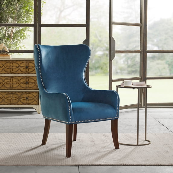 Madison Park Hancock 41.75" Transitional Fabric and Wood Chair in Blue