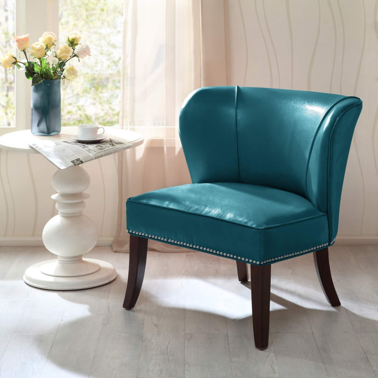 Peacock Blue Faux Leather Barrel Accent Chair with Wood Legs