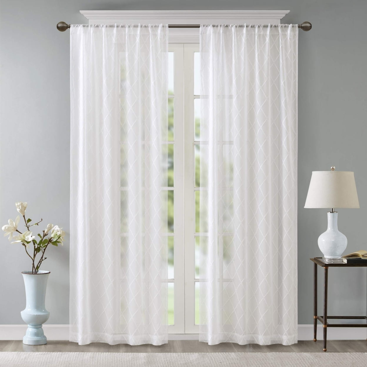 White Sheer Embroidered Rod Pocket Curtain Panel