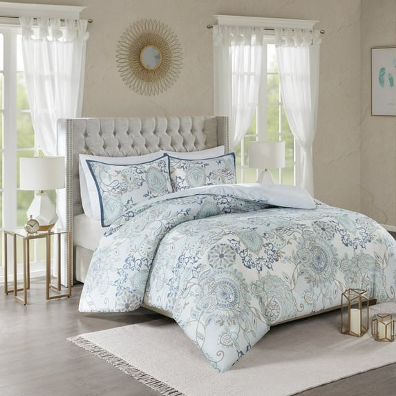 Madison Park Isla Full/Queen 3 Piece Cotton Floral Printed Reversible Duvet Cover Set Blue