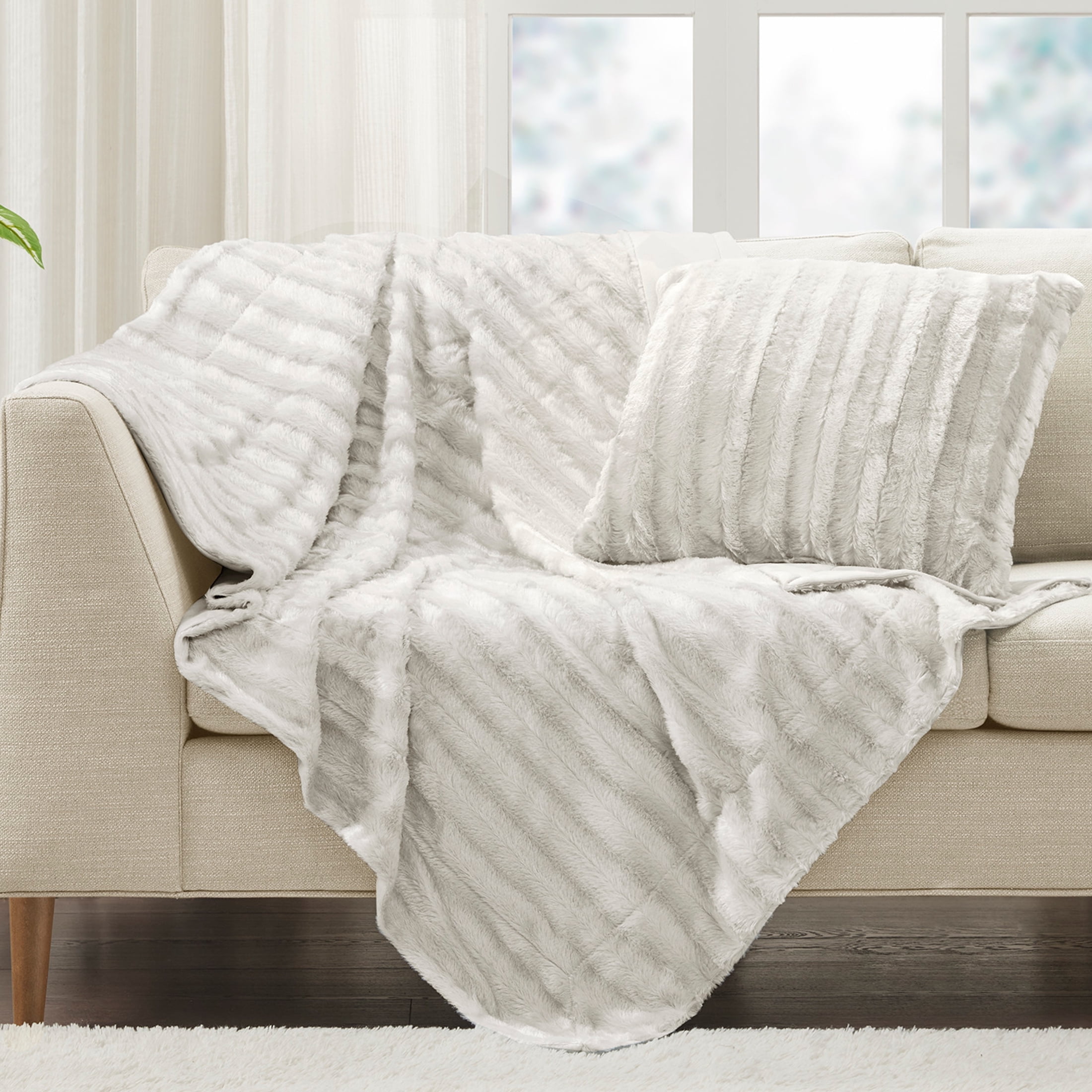 Ivory Faux Fur Reversible Winter Throw Blanket 50"x60"
