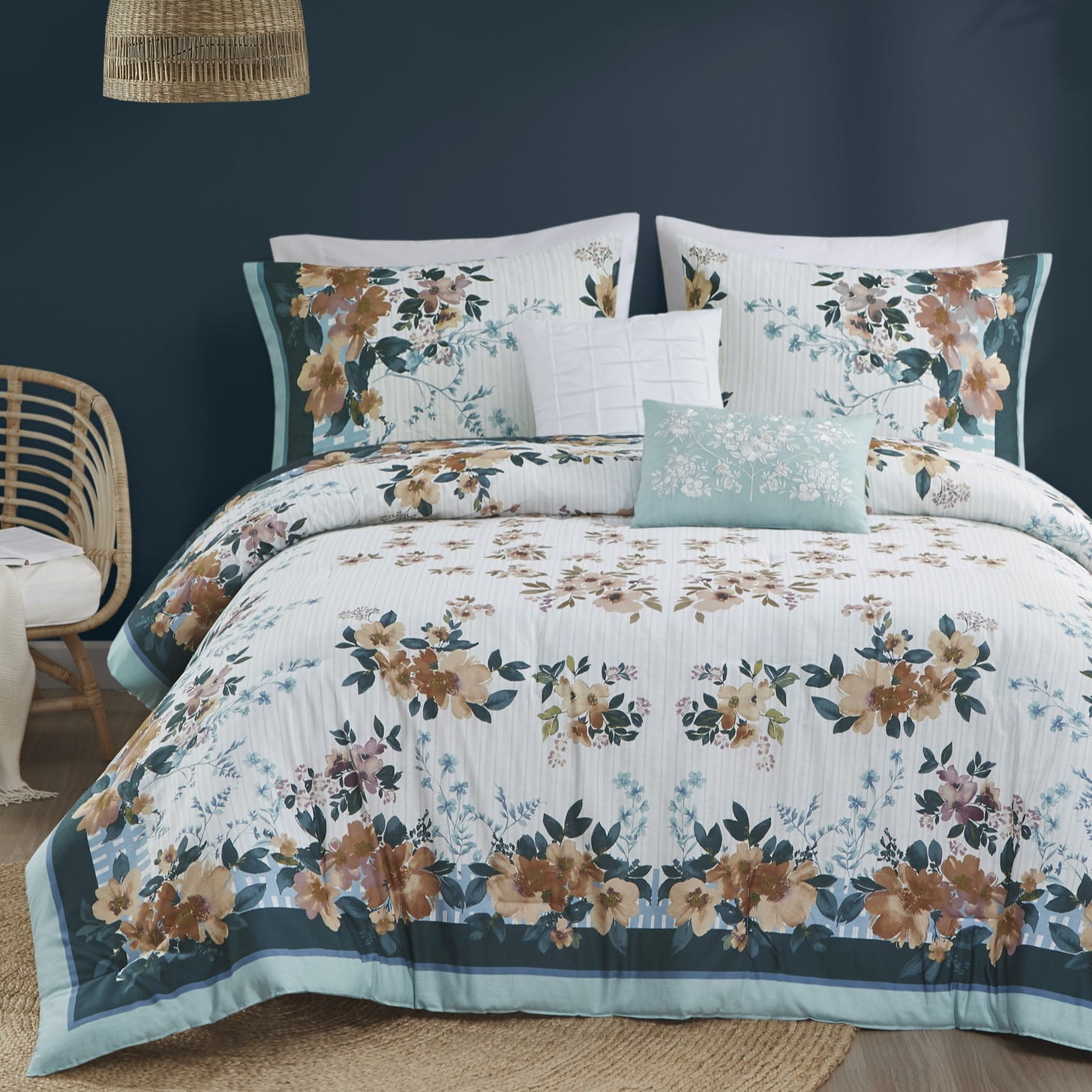 Gray Floral Cotton 5-Piece King Bedspread Set