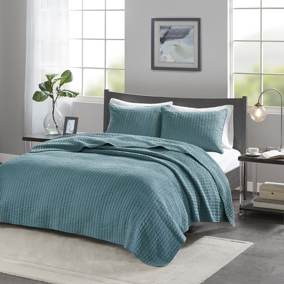 Madison Park Keaton Reversible 3-Piece King/Cal King Solid Print Quilt Set, Teal