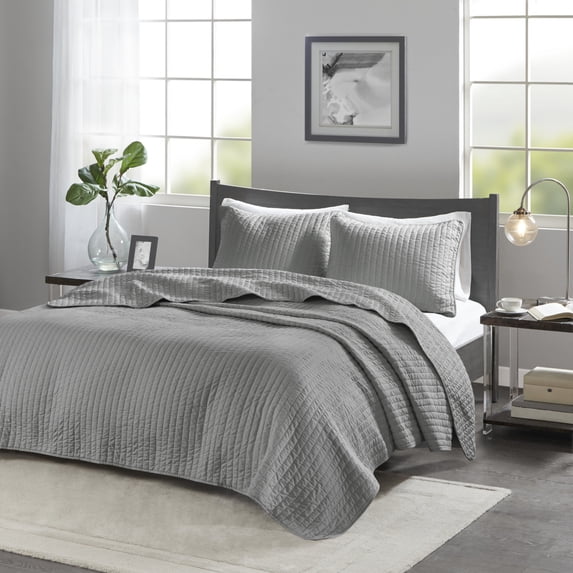 Madison Park Keaton Solid Print 3-Piece Full/Queen Reversible Quilted Coverlet Mini Set, Grey