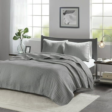 Madison Park Keaton Solid Print 3-Piece King/Cal King Reversible Quilted Coverlet Mini Set, Grey
