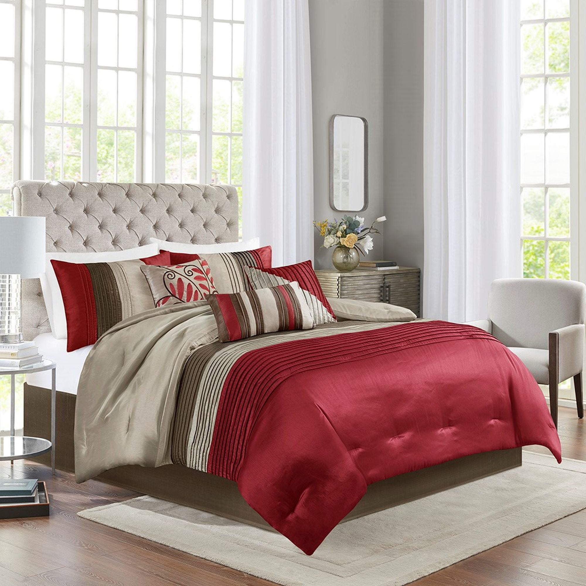 King Red Microfiber 7-Piece Jacquard Comforter Set