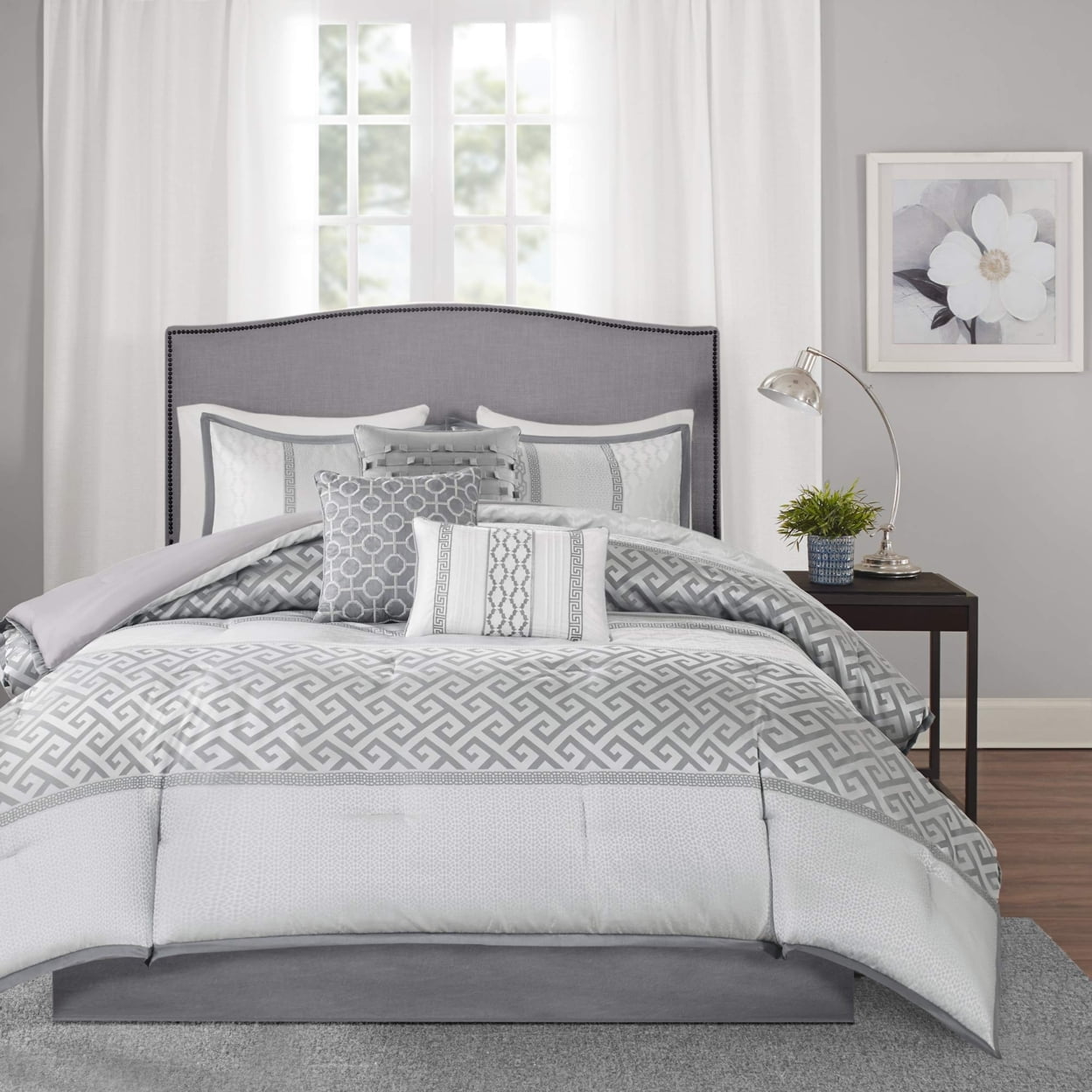 Bennett Gray Jacquard King Comforter Set with Decorative Pillows