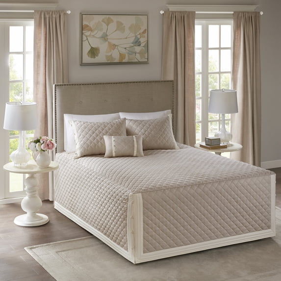 Madison Park King Breanna 4-Piece Cotton Reversible Tailored Bedspread Set, Khaki