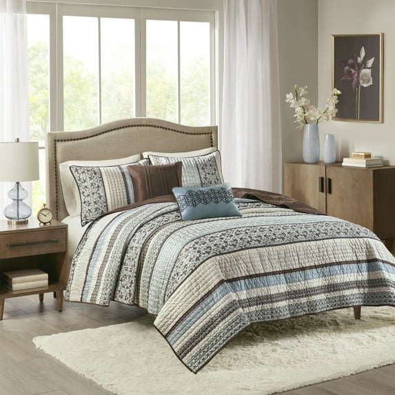 Madison Park King/Cal King Princeton 5-Piece Jacquard Quilt Set with Throw Pillows, Blue
