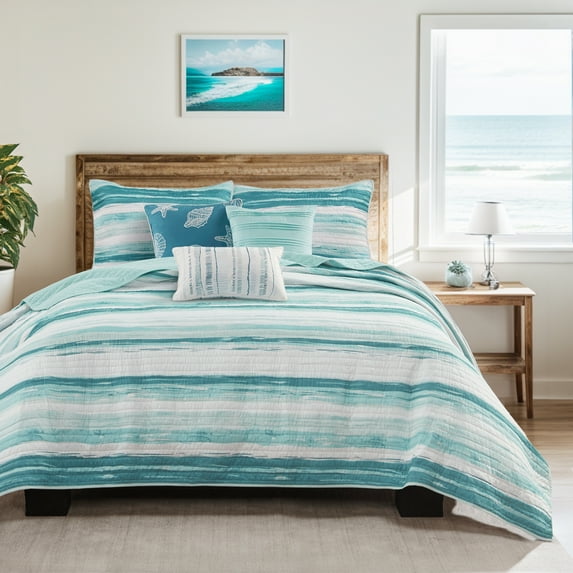 Madison Park King/Cal King Reversible Quilt Set 6-Piece Coastal Stripe Printed Coverlet Set with Embroidered Decor Pillows, Aqua