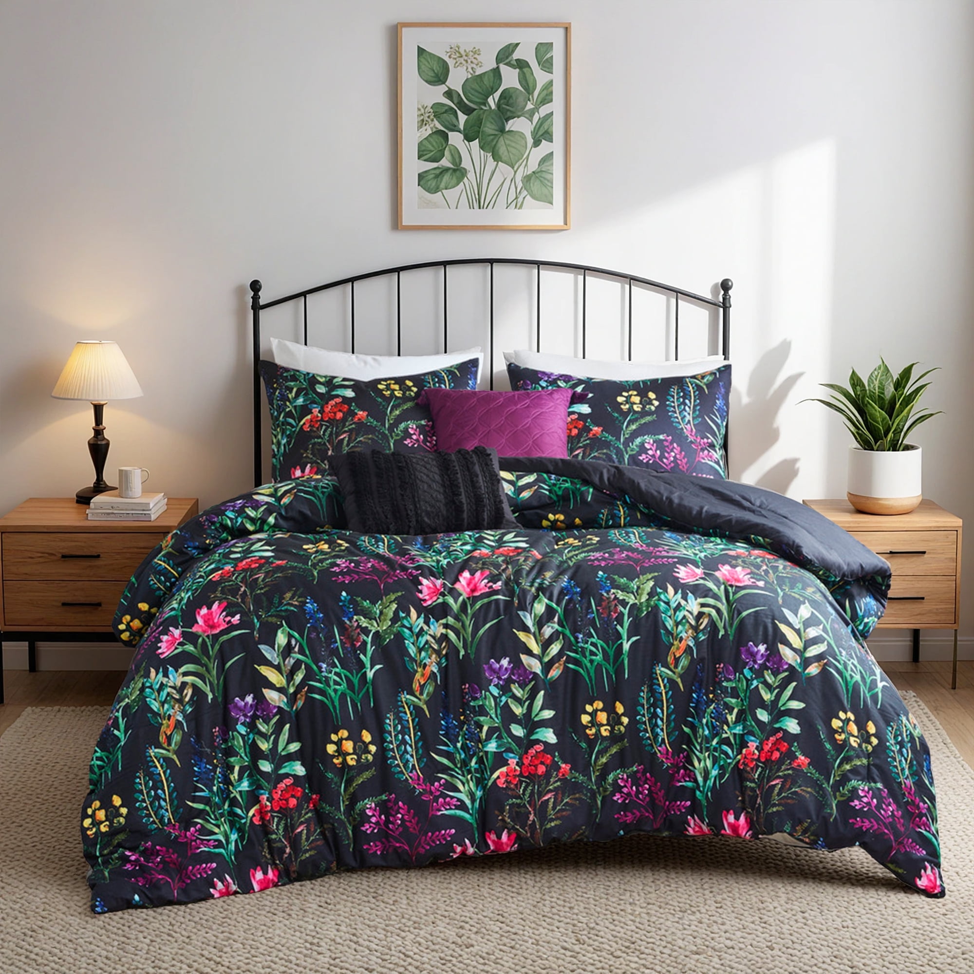 King Black Microfiber Floral Comforter Set with Decorative Pillows