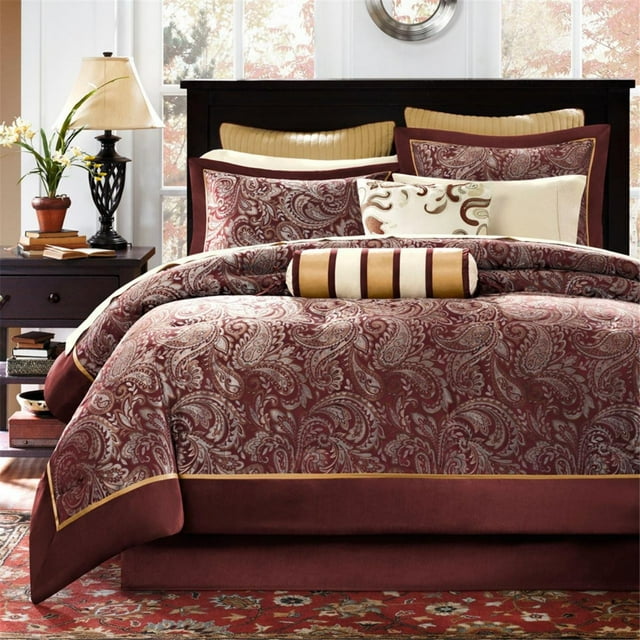 Madison Park King Comforter Set with Cotton Sheets 12Piece Red Paisley Jacquard Adult Bed in a