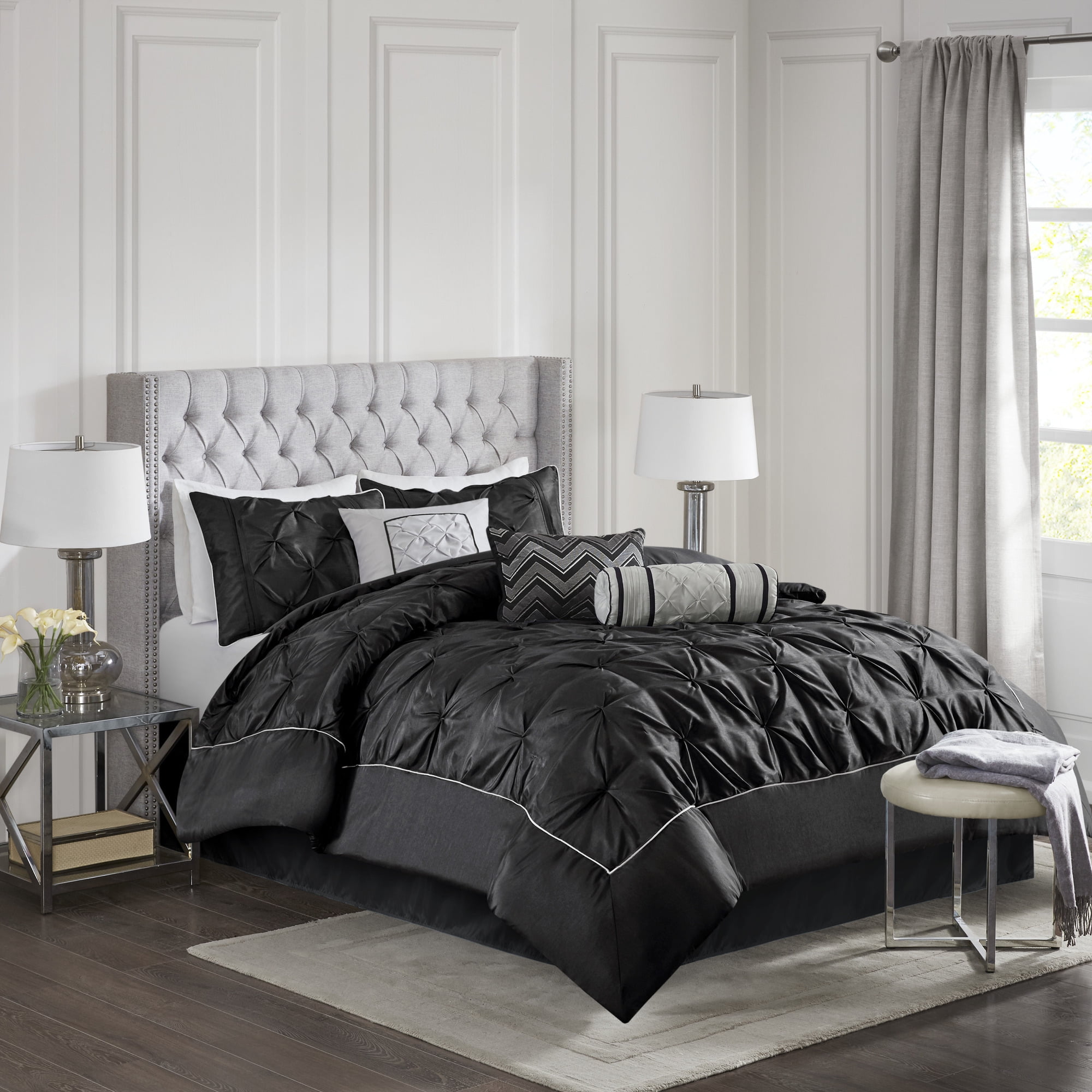 Madison Park King Comforter Sets, 7-Piece Tufted Pintuk Bed in a Bag Bed Set, Satin Luxury Black Comforter Bedding Set with Decor Pillow