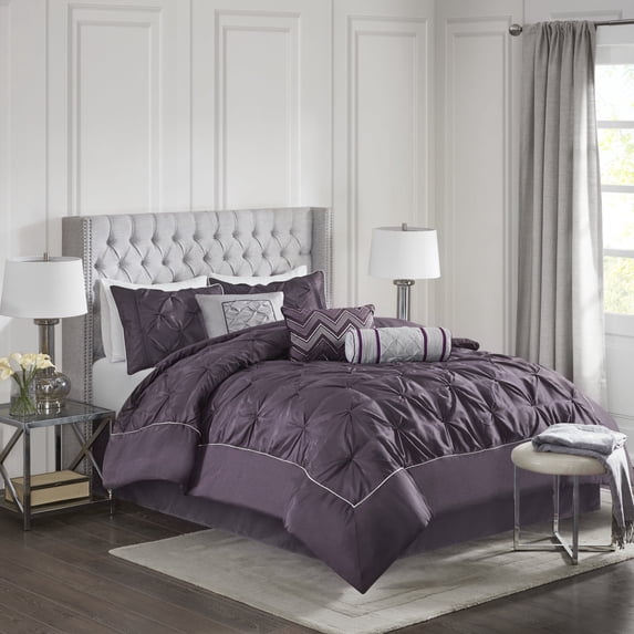 Madison Park King Comforter Sets, 7-Piece Tufted Pintuk Bed in a Bag Bed Set, Satin Luxury Plum Comforter Bedding Set with Decor Pillow