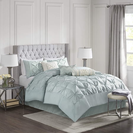 Madison Park Laurel King Size Bed Comforter Set Bed In A Bag - Seafoam , Wrinkle Tufted Pleated – 7 Pieces Bedding Sets – Faux Silk Bedroom Comforters
