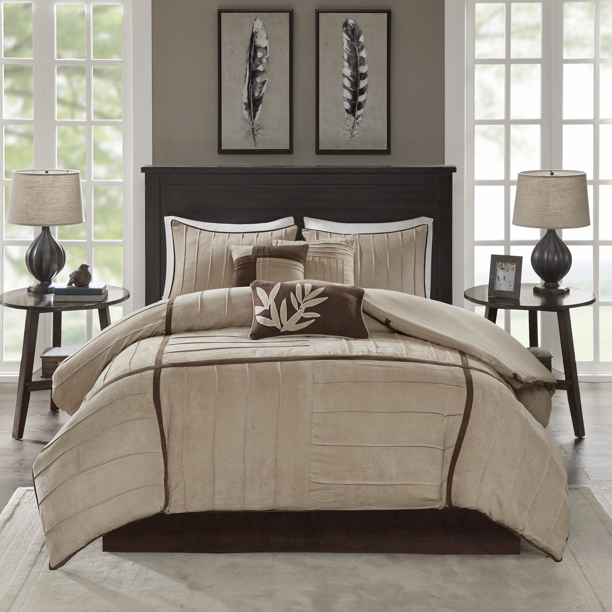 King Beige Microsuede Reversible Comforter Set with Decorative Pillows