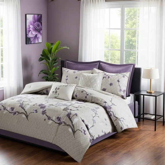 Madison Park 8 Piece King Floral Comforter Set, Cotton Comforter Bed in A Bag with Bedskirt, Spring Floral Comforter Bed Set, Bedding Sets with Decorative Pillow for Girls, Purple/Taupe